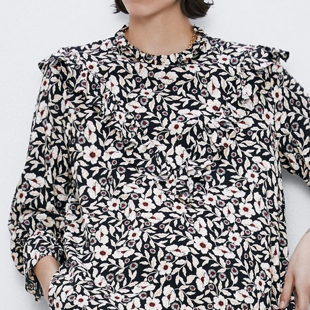NEW Zara Ruffle Floral Printed Long Sleeves Dress - Picture 7 of 9